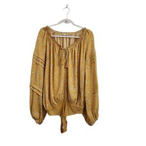 Free People Intimately Bodysuit Top Large‎ Yellow All Tucks Blousy Puff Sleeve